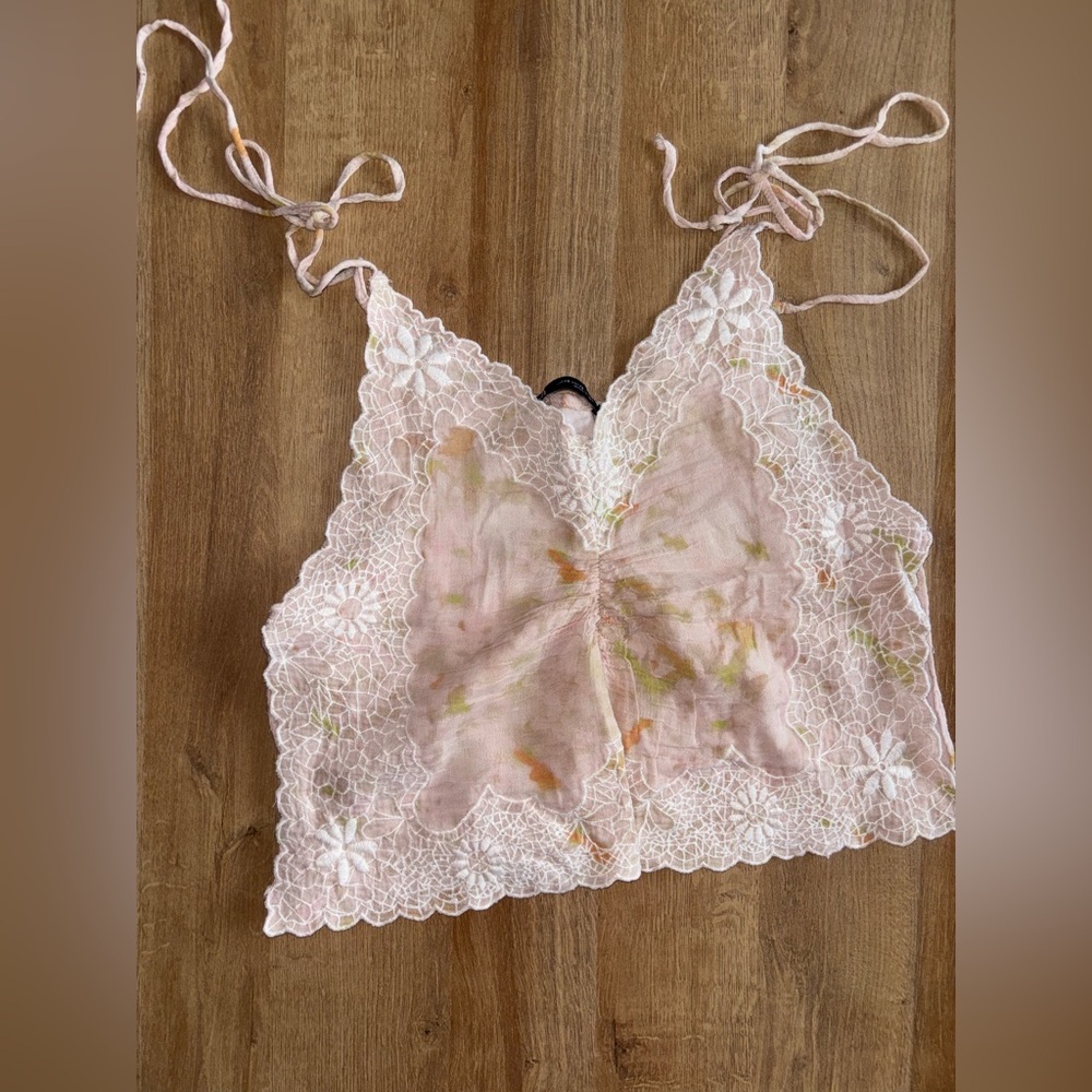 Zara Embroidered Pink Lace Tie-Shoulder Sleeveless Top